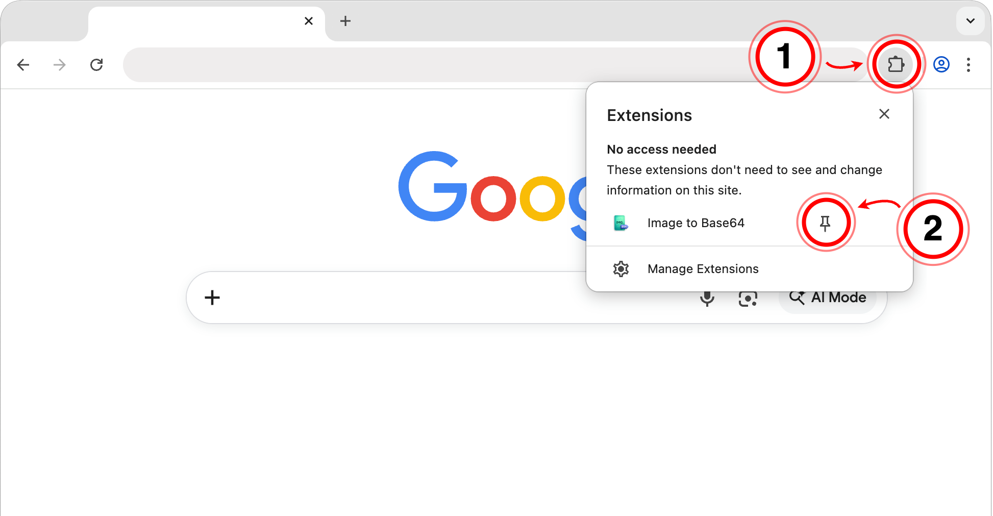 Steps 1 and 2: Click puzzle piece and pin the extension
